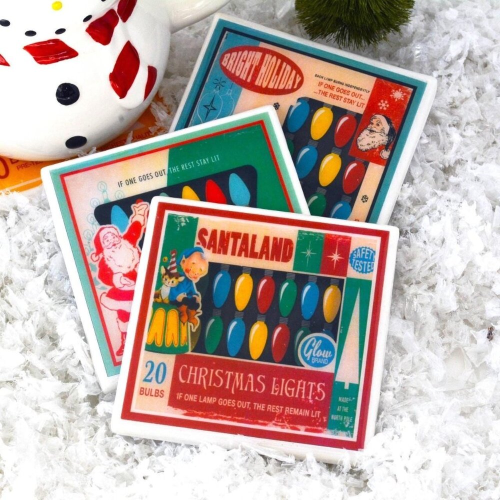 COASTER SET Christmas Lights  Vintage Style Retro Coaster Set, Mid-Century Mod